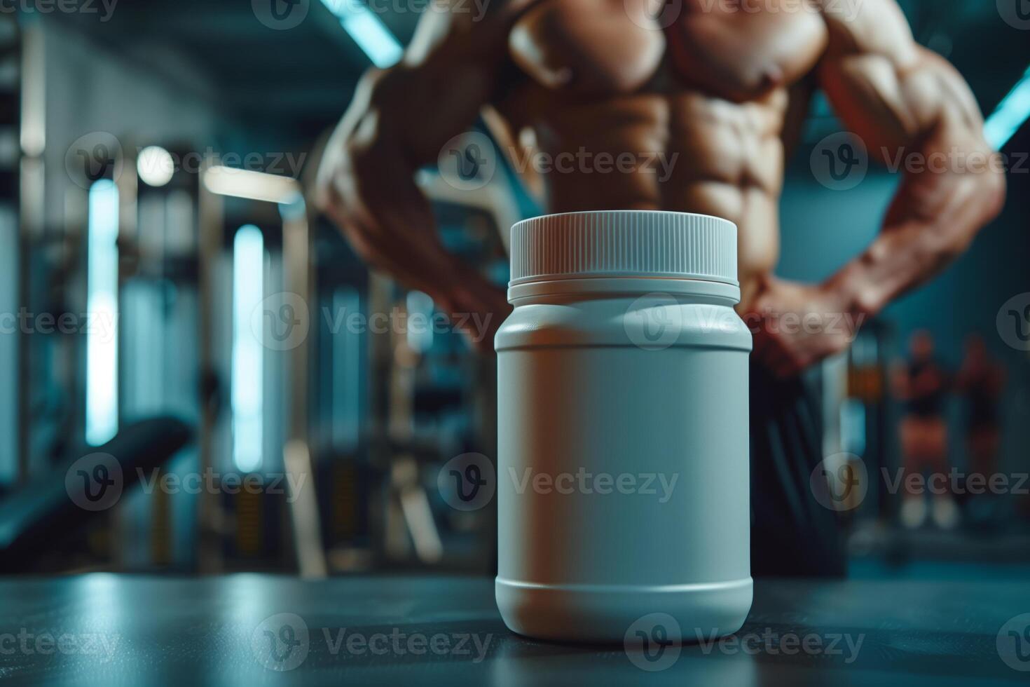 A white plastic supplement container sits on a black table in a gym. The container is in focus, while a muscular bodybuilder stands in the background, their body blurred photo
