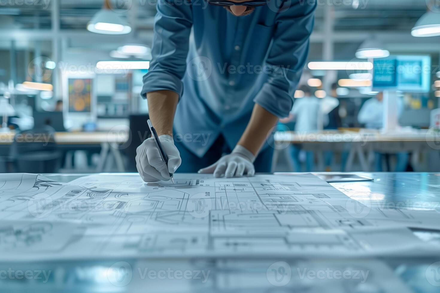 A close-up image of an engineer wearing gloves and sketching on a blueprint spread out on a table in a modern office photo