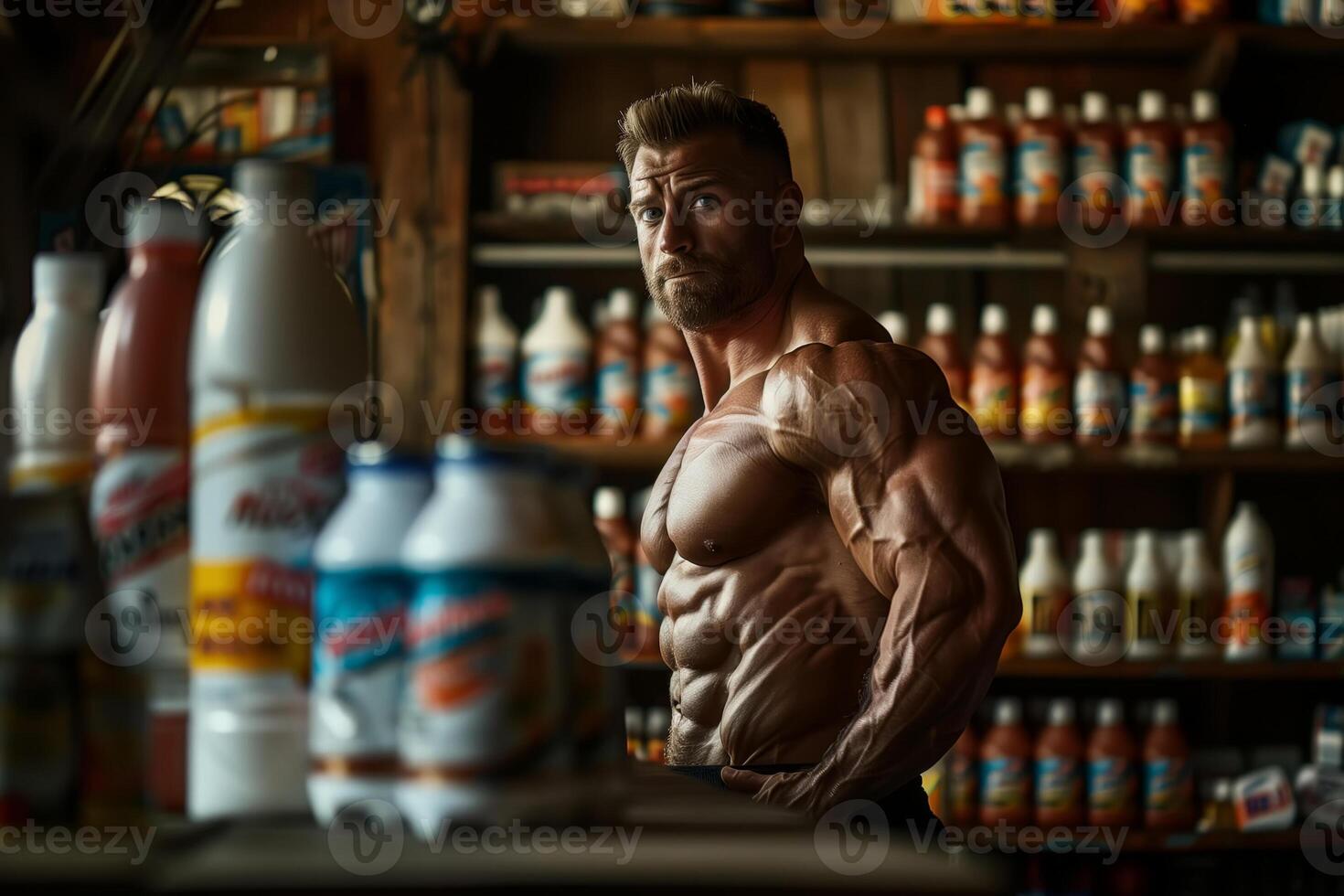 Muscular man posing in front of a shelf of bottles photo