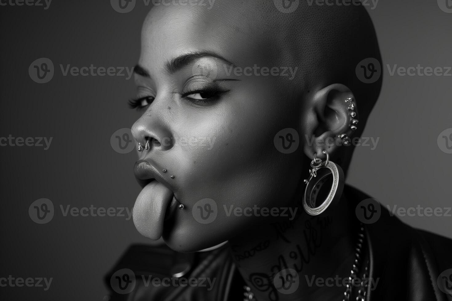 Black and white portrait of a young woman with multiple piercings. She is looking directly at the camera, and her tongue is sticking out photo