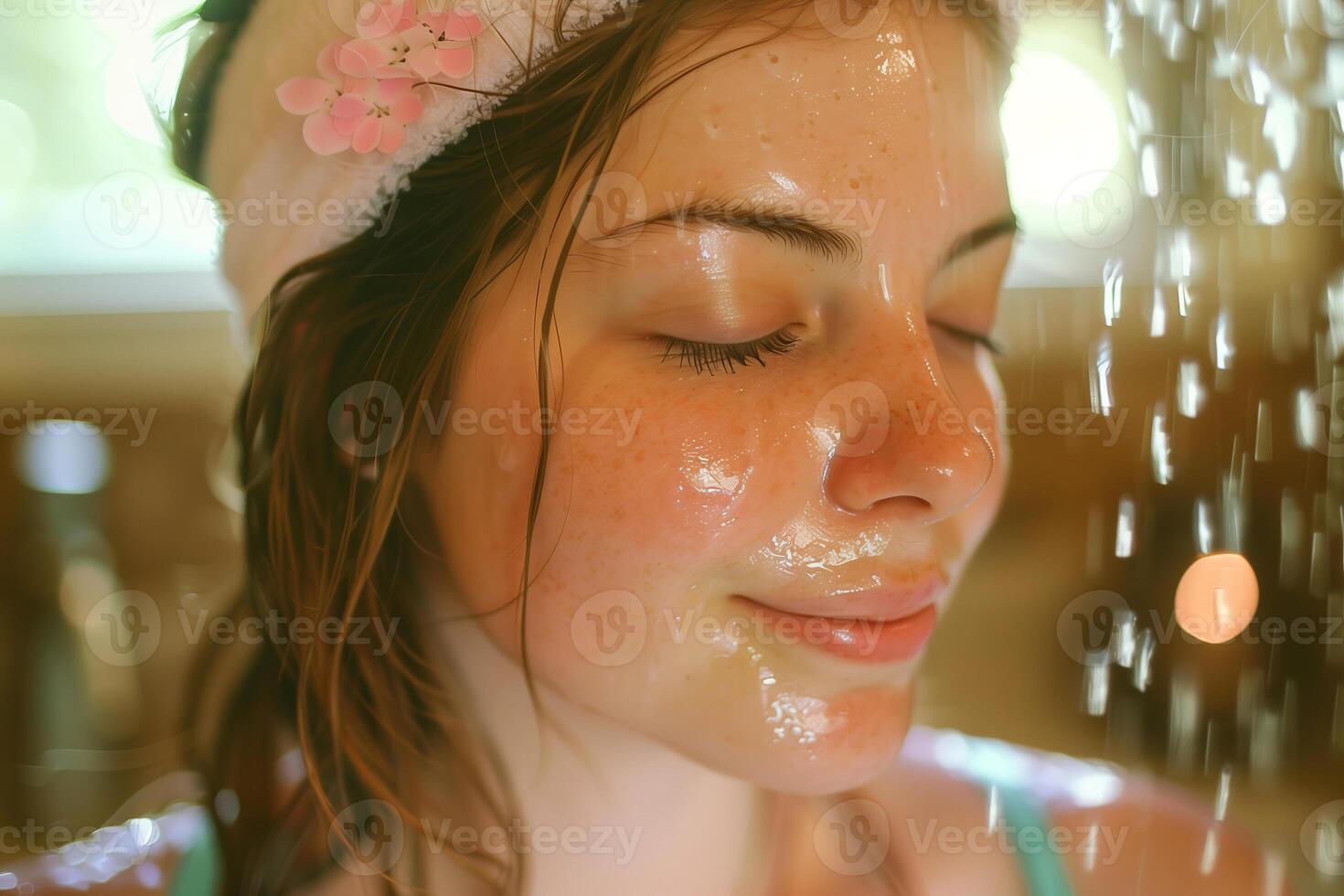 A young woman stands under a cascading shower of water, completely drenched as the water droplets envelop her photo