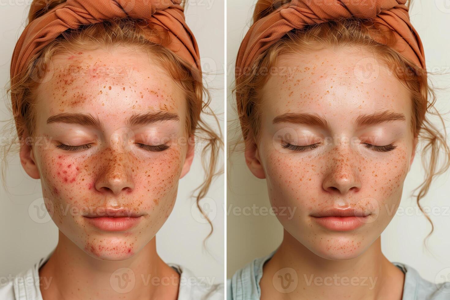 Womans face before and after skin treatment showing acne and freckles photo