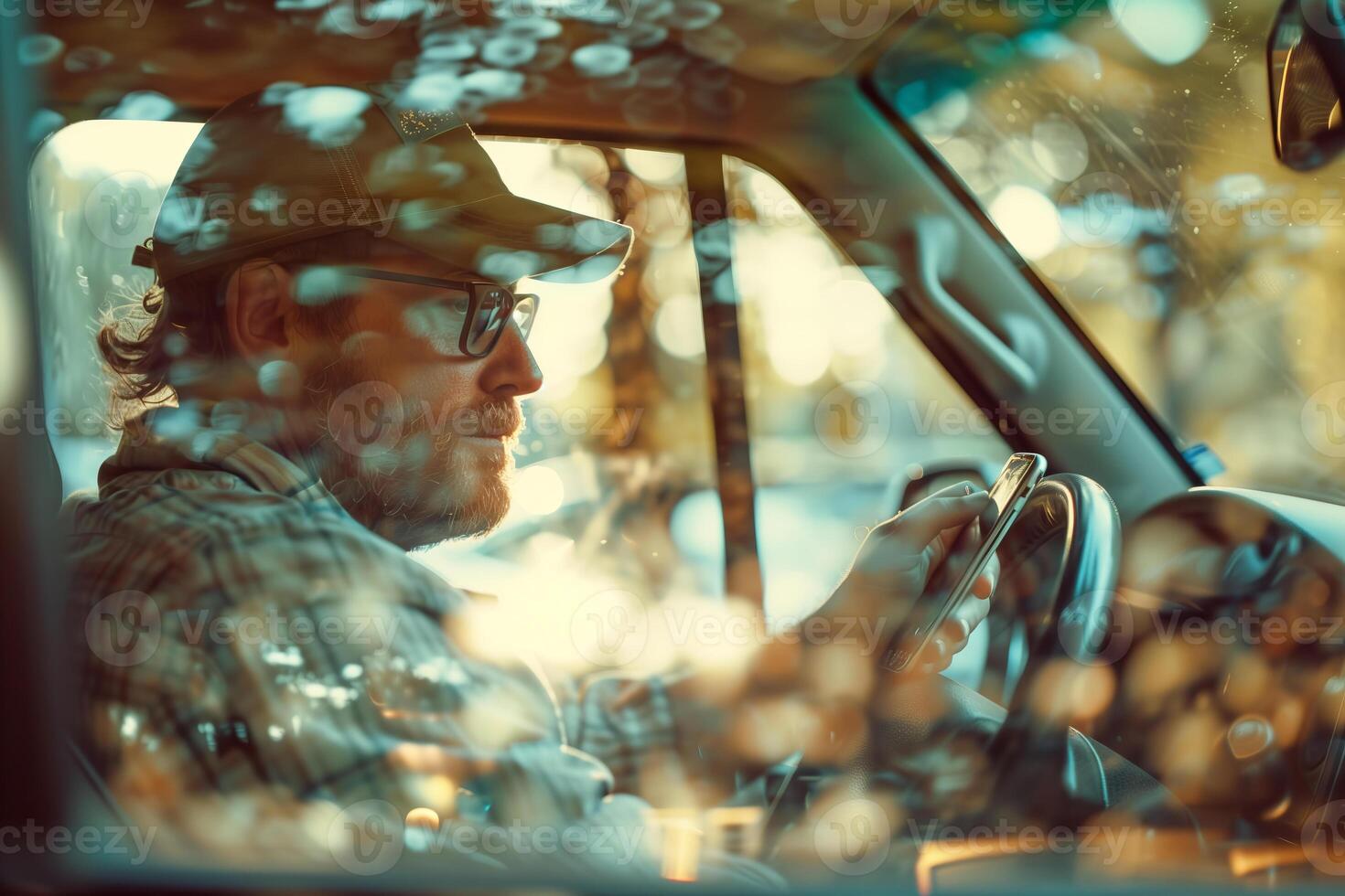 Man using phone while driving in a car photo