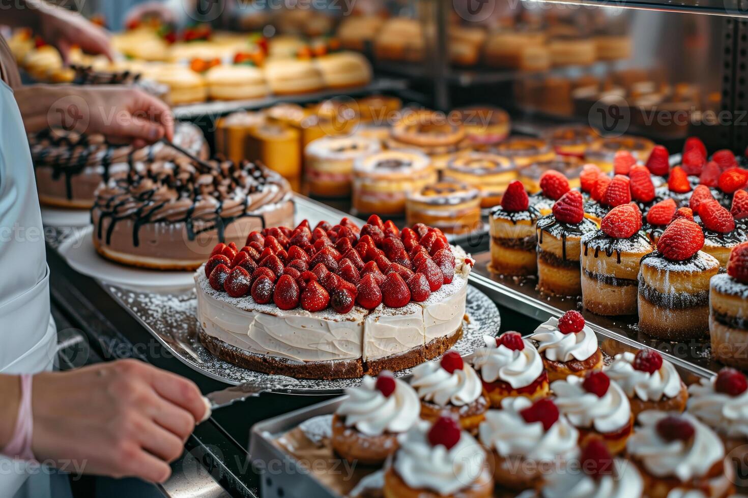 A baker selects fresh strawberry cake from a bakery display case photo
