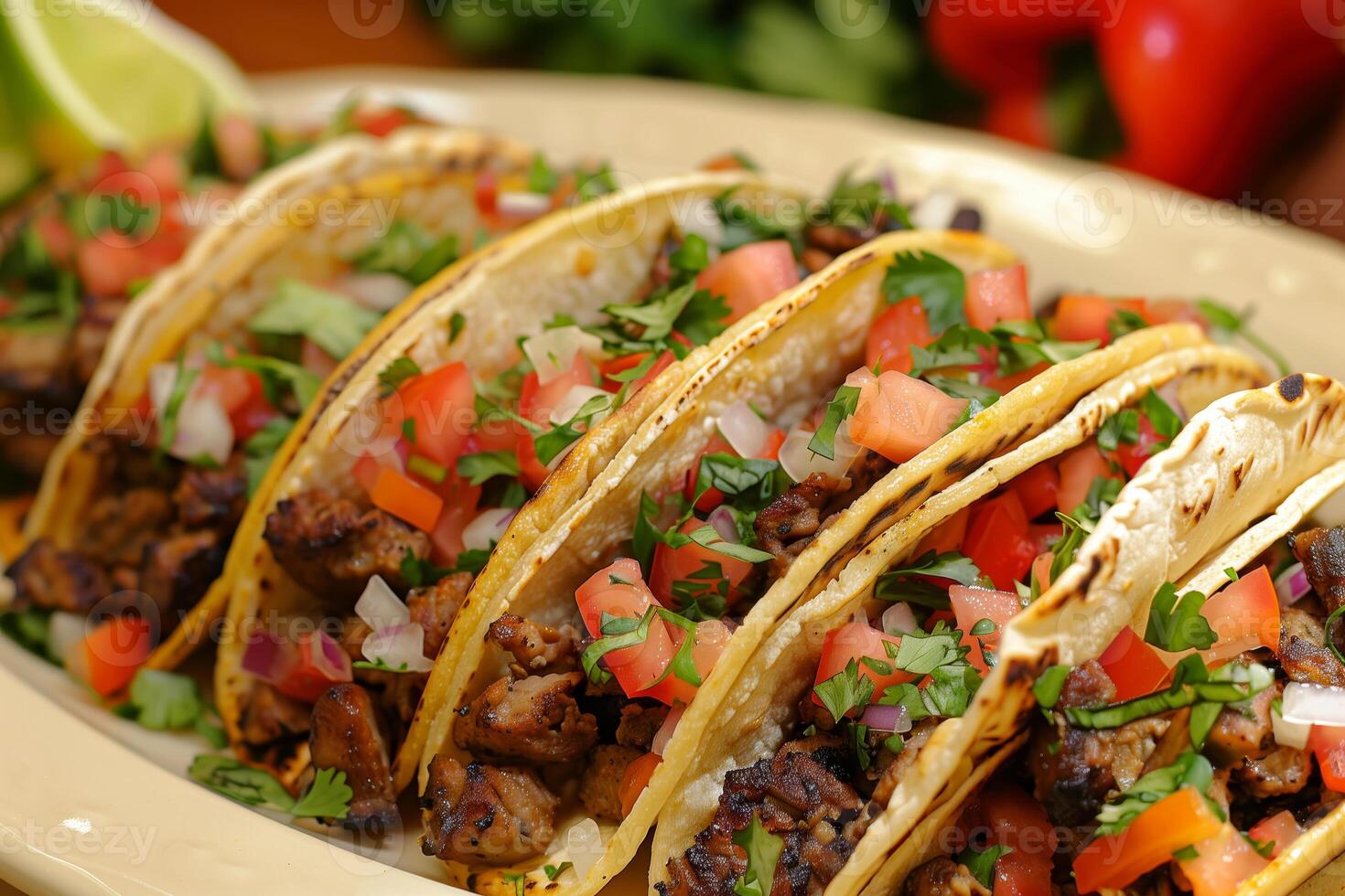 Close up of four delicious tacos with toppings photo