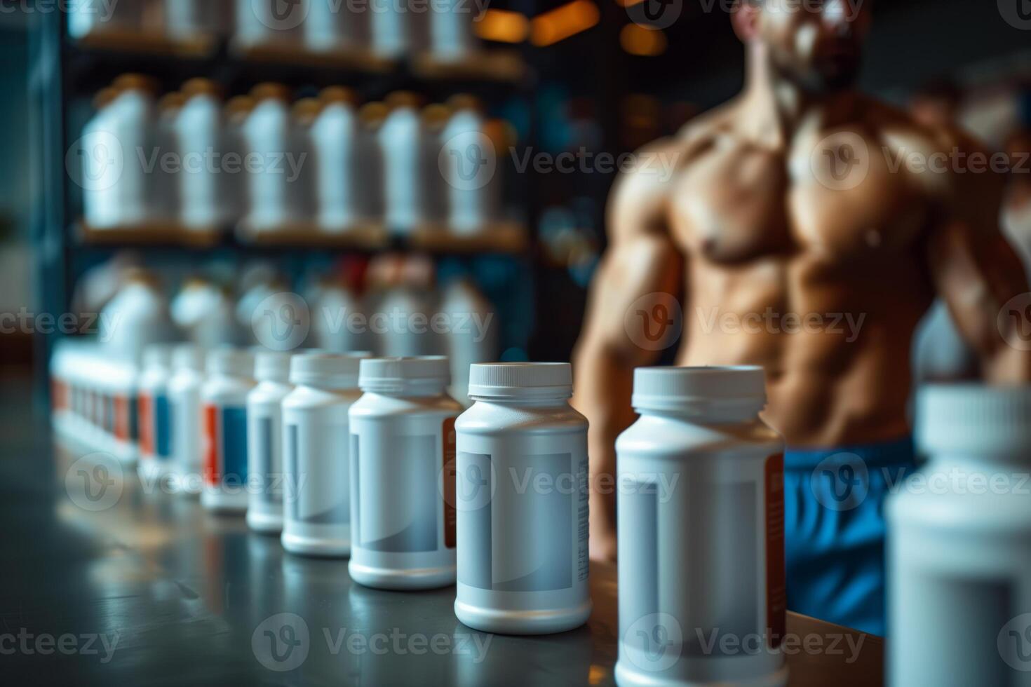 Row of white supplement bottles with blurred muscular athlete in background photo