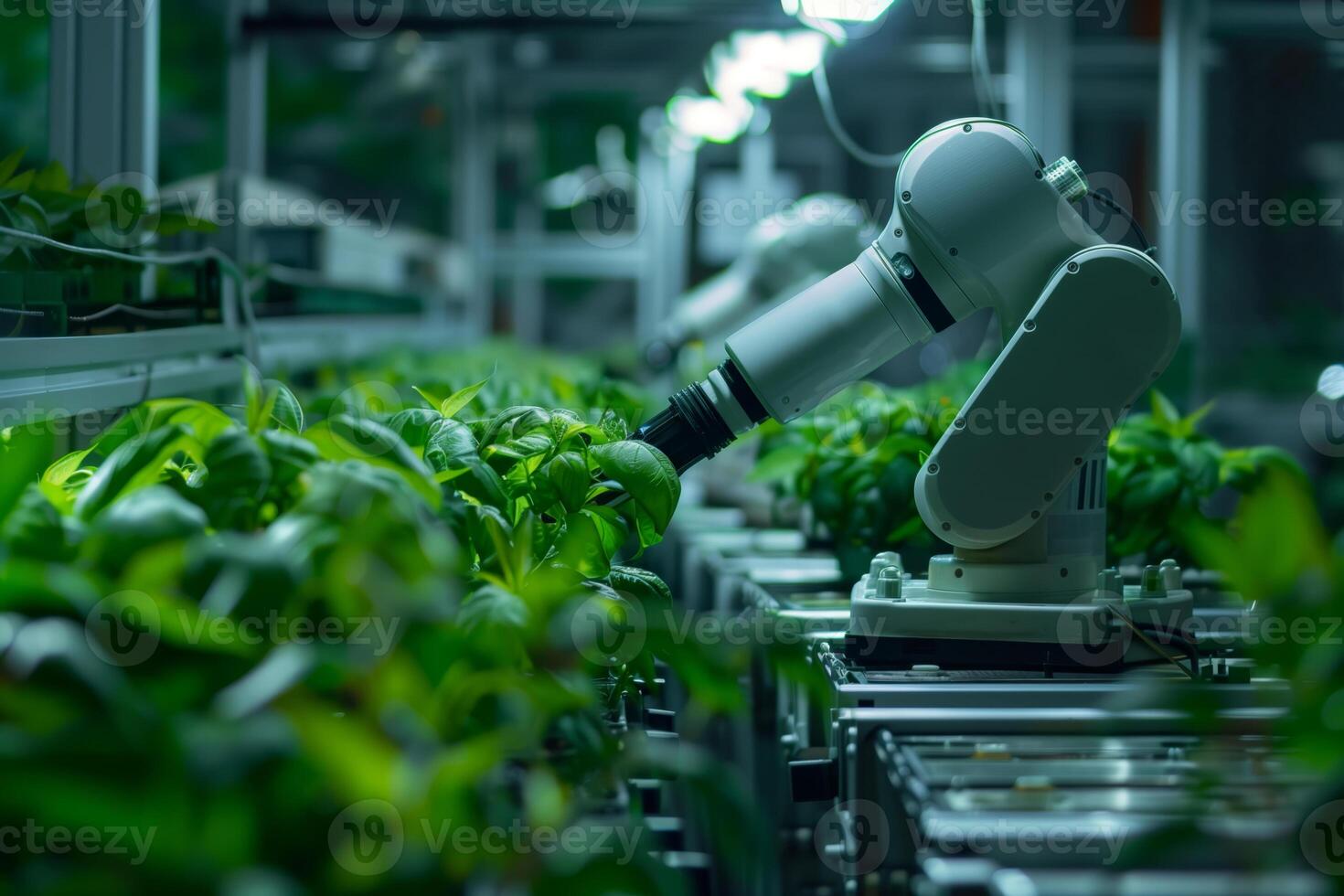 A robotic arm is shown tending to rows of green plants in an indoor farm, with the arms mechanical arm extended towards the plants photo