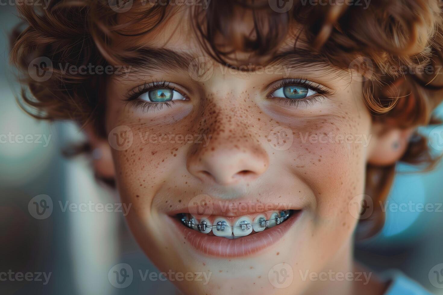 A close-up portrait of a young boy with curly red hair and freckles smiling at the camera. He is wearing braces on his teeth photo