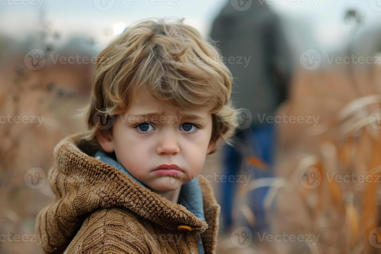 A young boy with blonde hair is standing in a field. He is looking directly at the camera photo