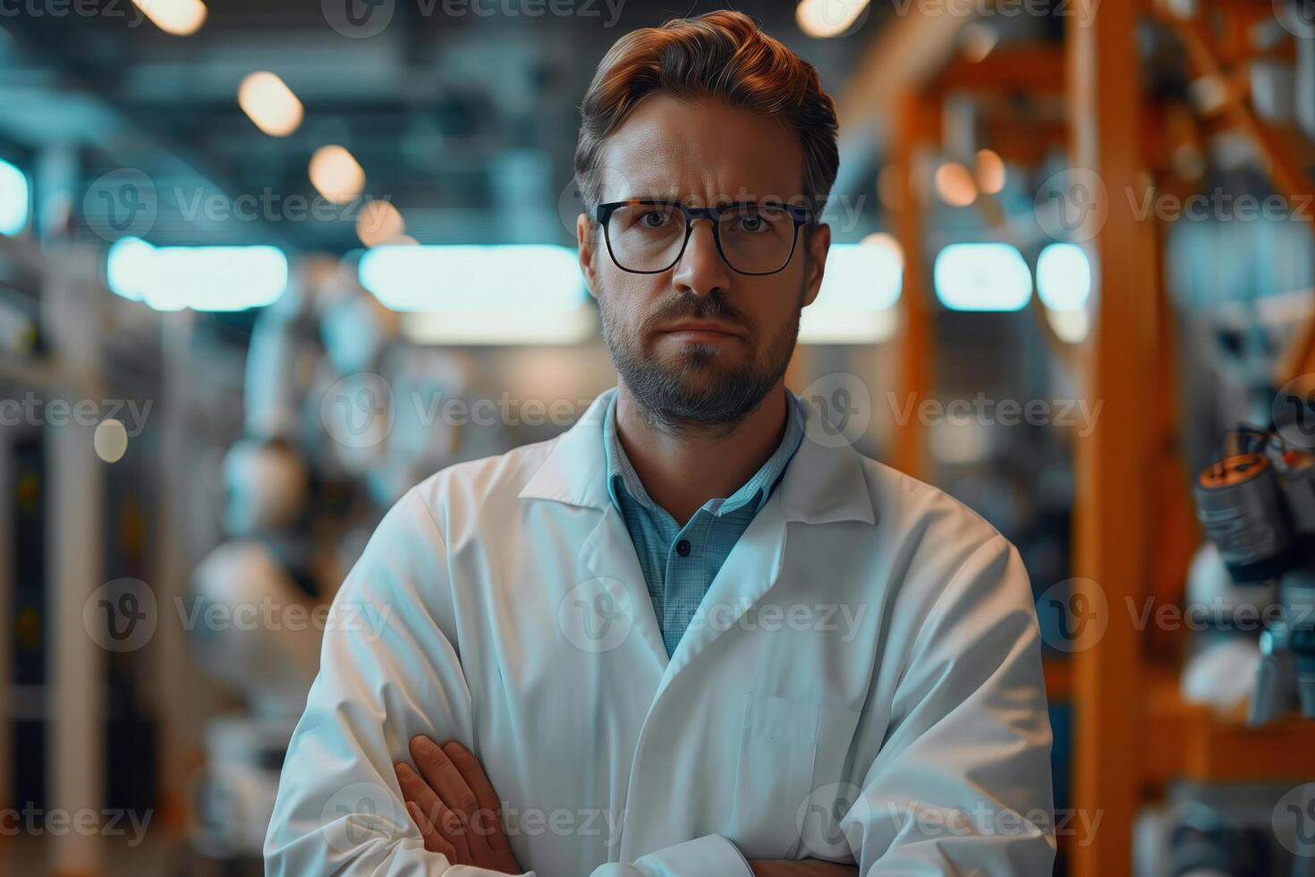 A robotic manufacturing engineer in a modern plant, standing with arms crossed and a serious expression photo