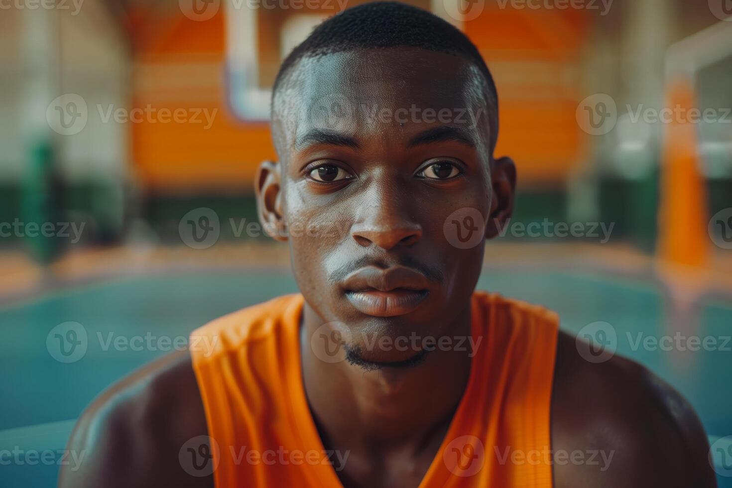 Young basketball player posing in an indoor court photo