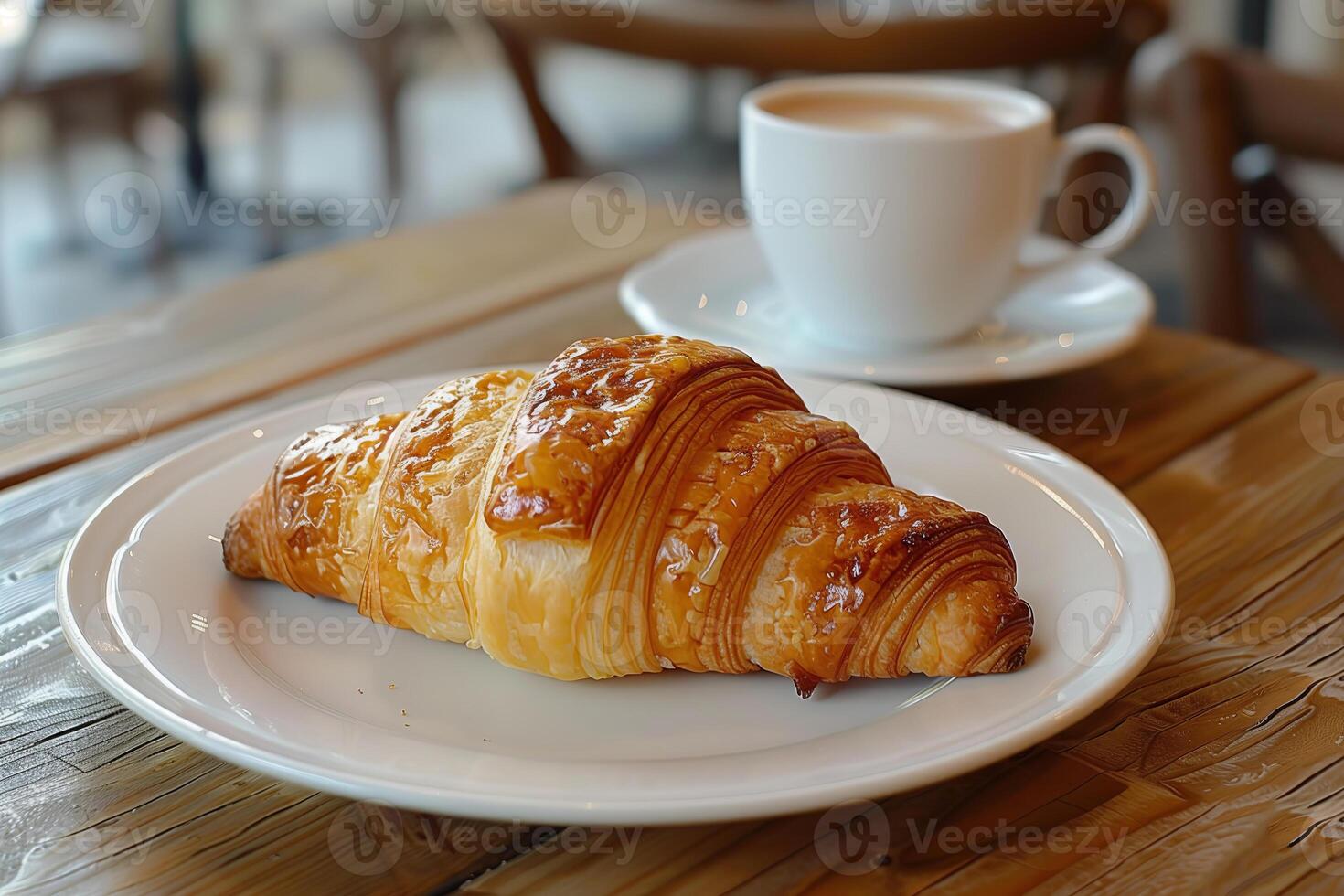 Freshly baked croissant on a white plate in a cafe photo