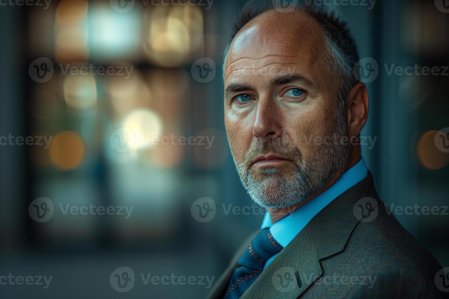 Businessman portrait with city lights in background photo