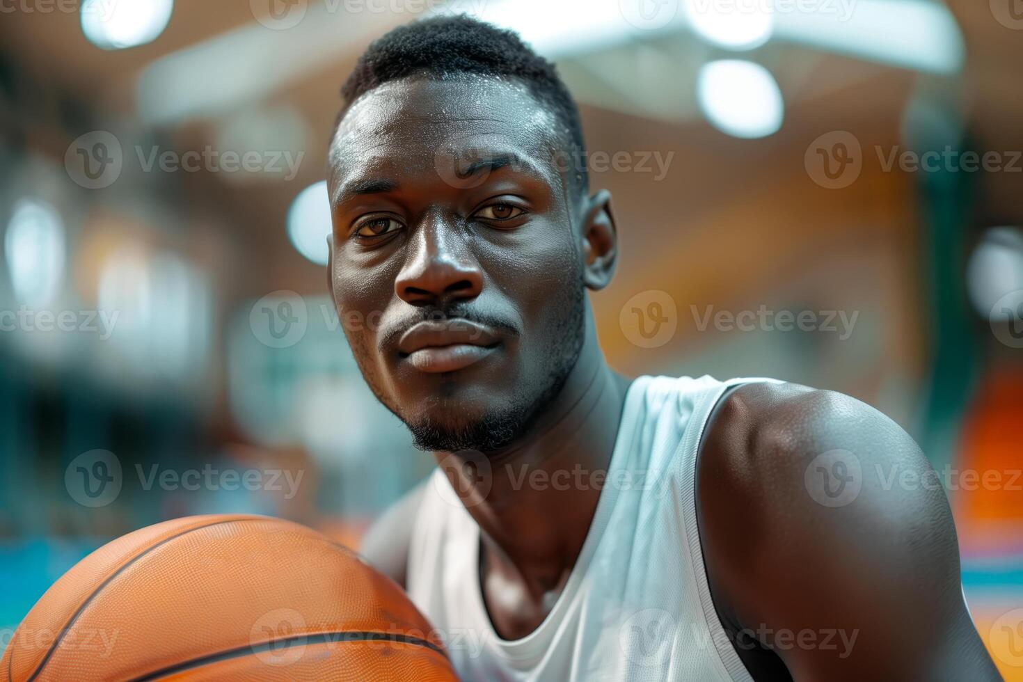 Basketball player holding ball in indoor court photo