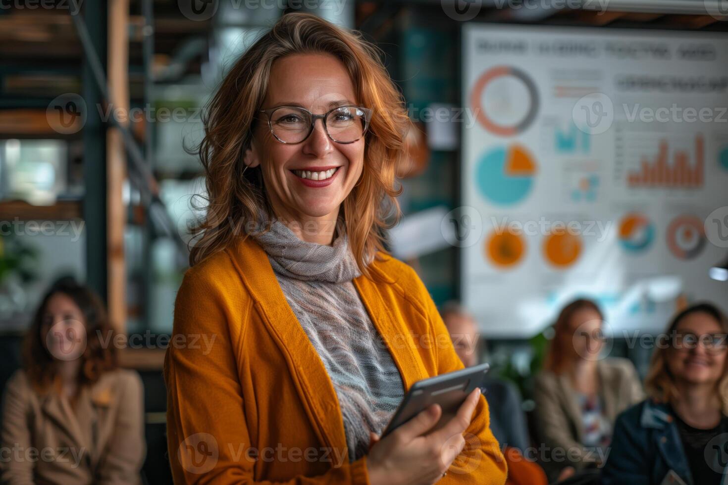 A businesswoman in a yellow blazer smiles at the camera while holding a tablet in her hands. She is standing in an office setting during a presentation with other colleagues in the background photo
