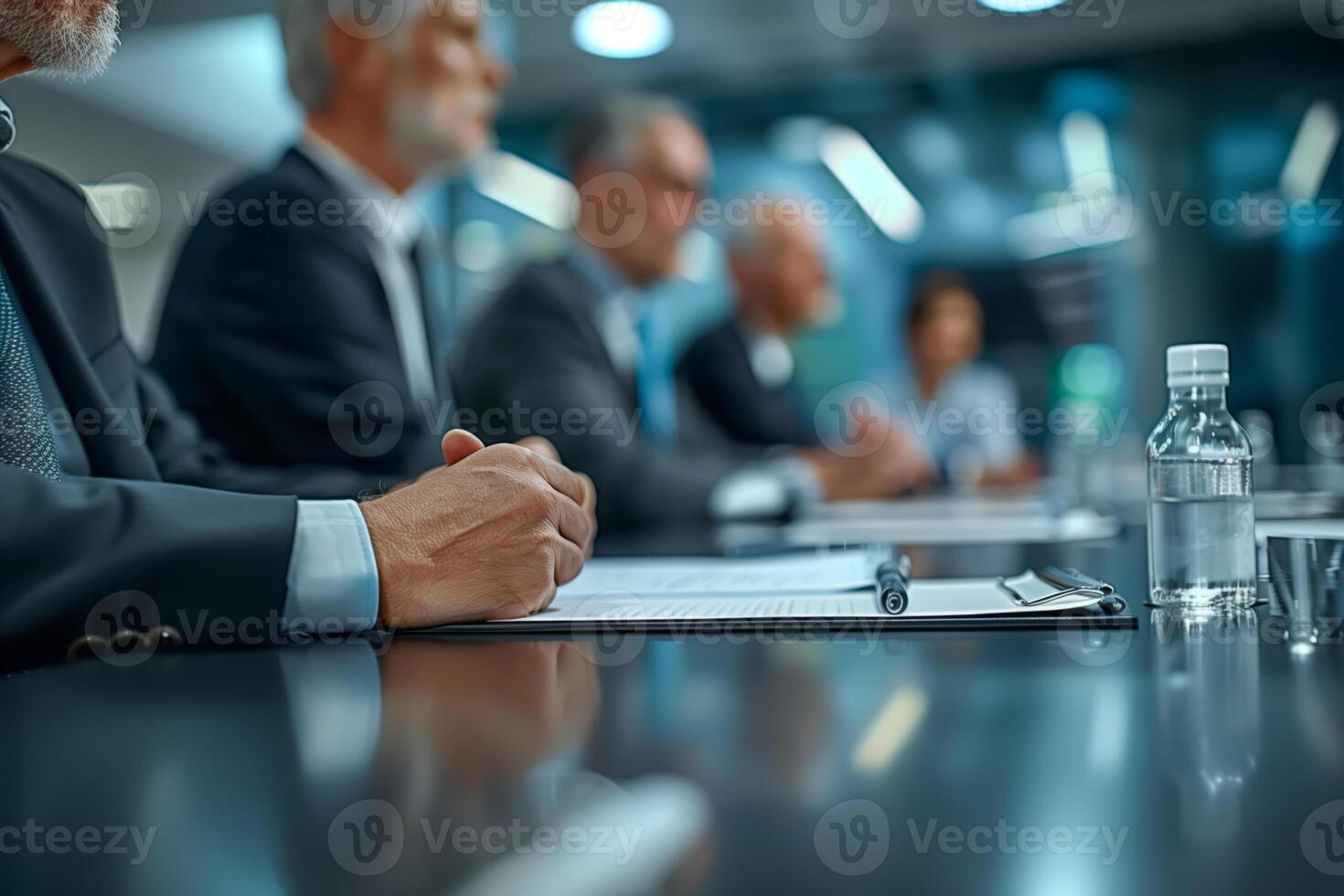 Businessman sitting at a conference table during a meeting photo