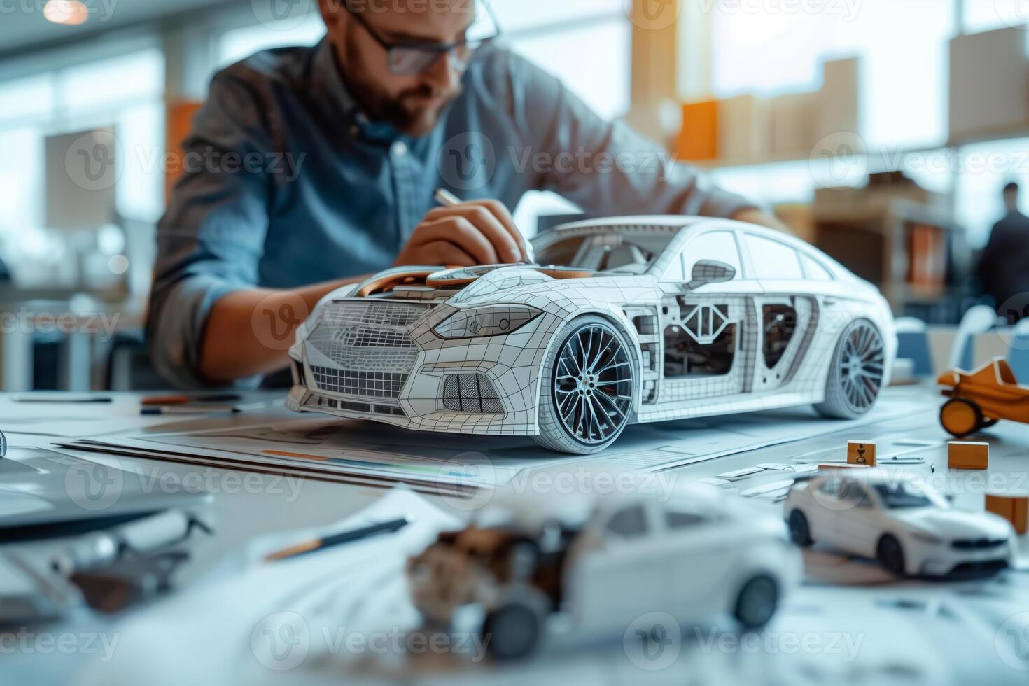 The designer carefully examines the cars intricate details and makes notes on the blueprints spread out on the table photo