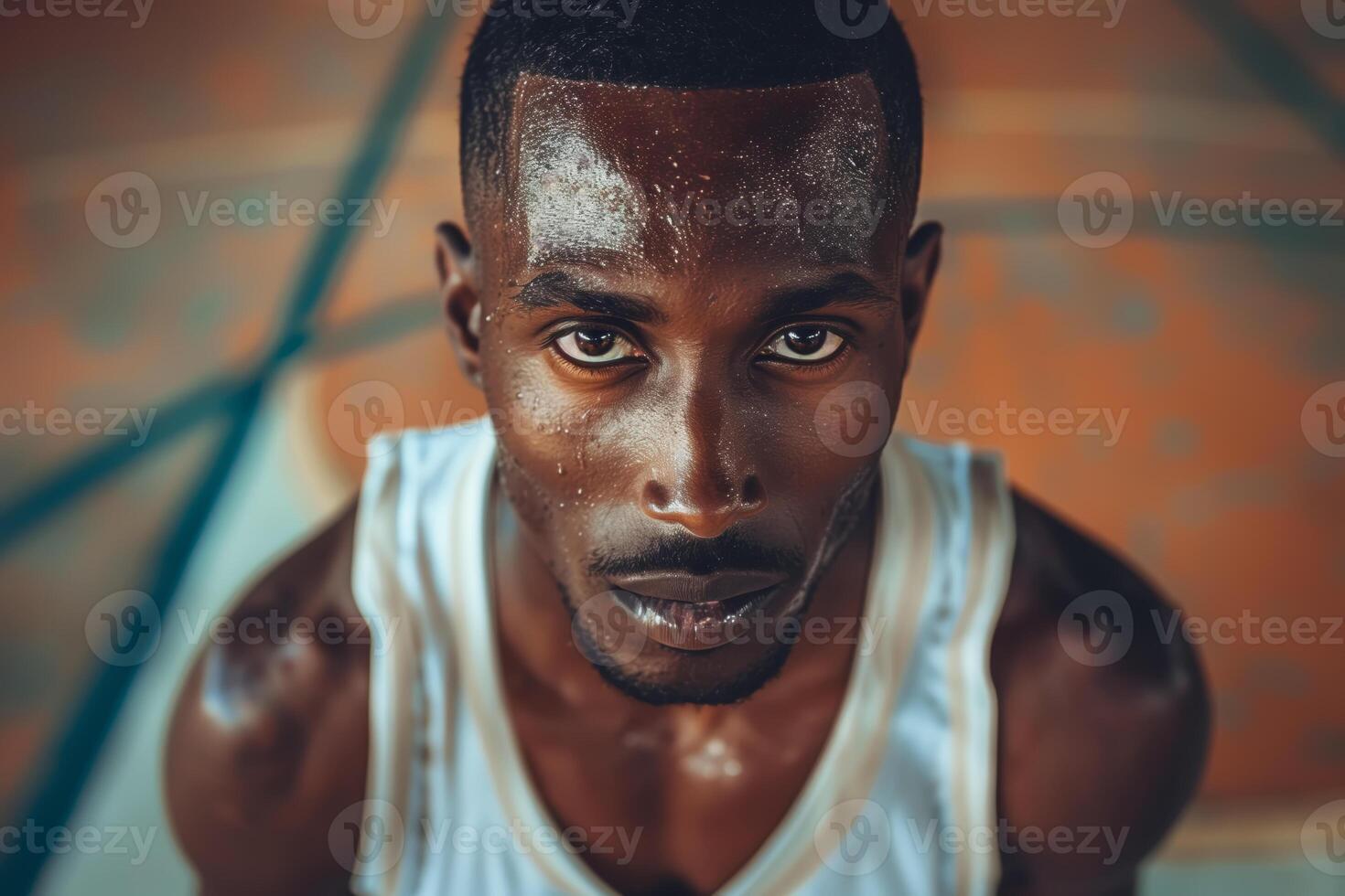 Close up portrait of a sweaty male athlete during workout, african american basketball player looking at camera photo