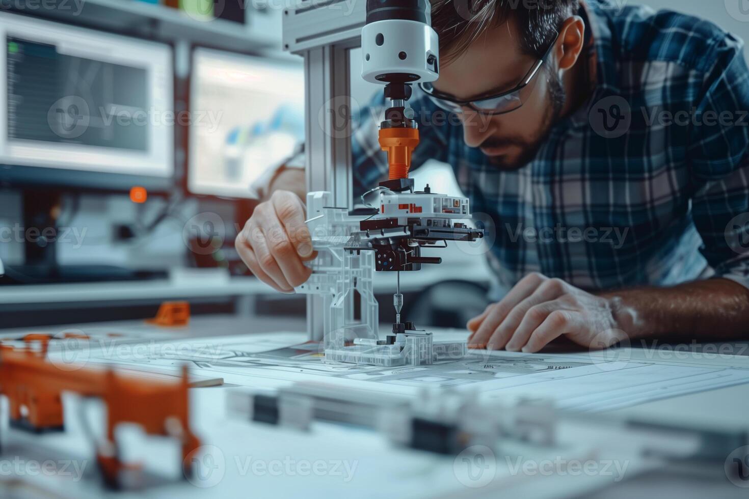 Engineer operating a robotic arm to assemble a model in a modern industrial setting photo