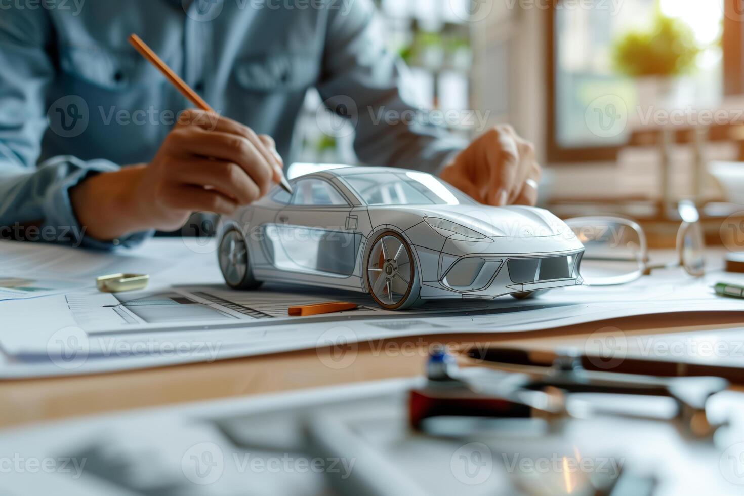 A car designer works on a concept car model in a design studio. The designer is using a pencil to draw on the model, and there are other design tools on the desk photo