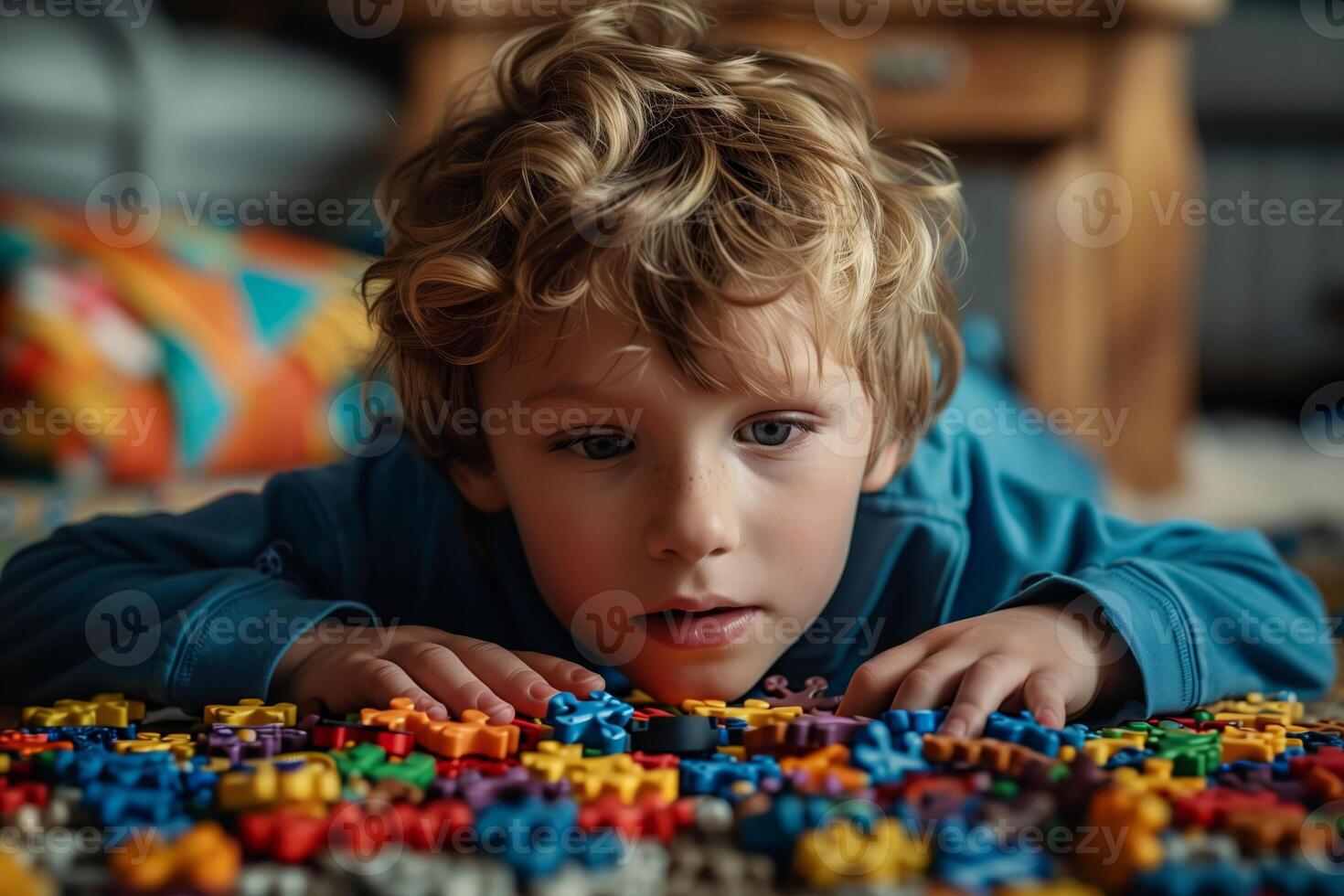 Young boy with disabilities plays educational puzzle game at home photo