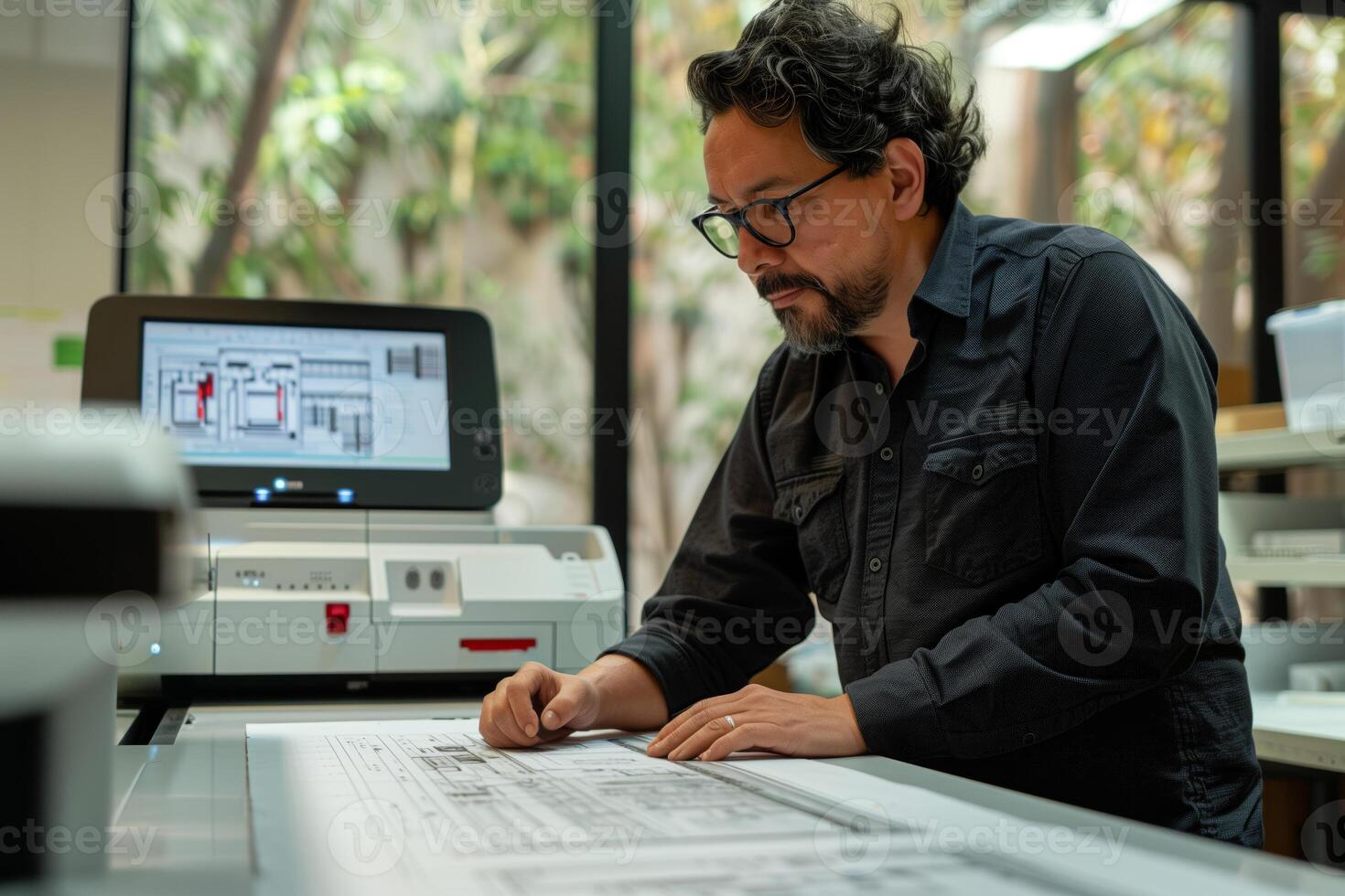 Man reviewing architectural plans on large format printer photo