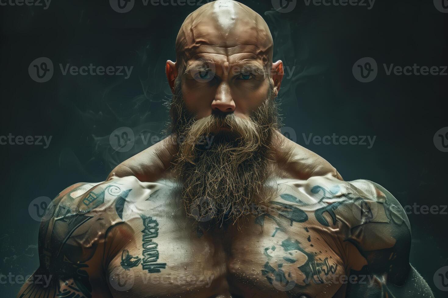 A muscular, bearded bodybuilder with tattoos on his chest and arms poses in a dark studio setting. He looks directly at the camera with a serious expression photo