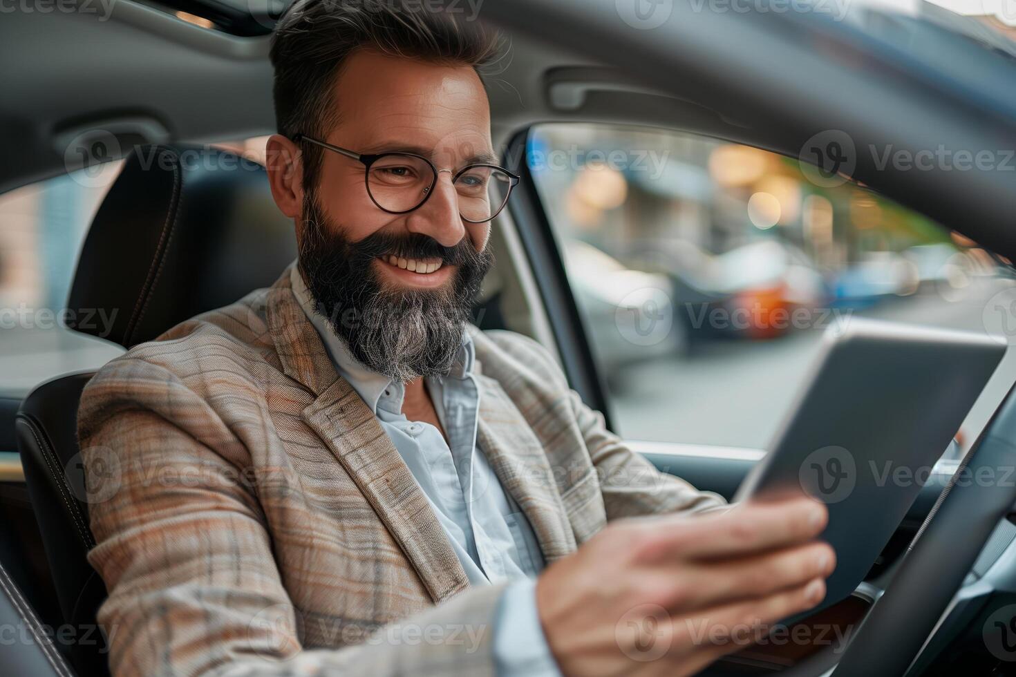 Happy bearded man using tablet while driving car in city photo