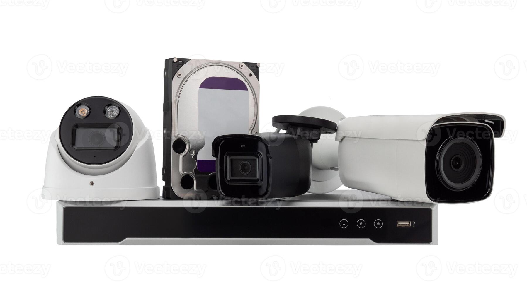 Assortment of Modern Security Cameras and Recorder. CCTV Camera set white isolated. photo