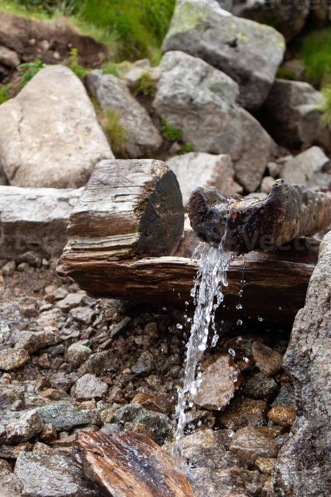 Natural mountain spring water source flowing from rocks