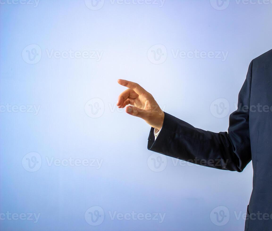 professional man pointing at something, copy space background, business marketing concept photo