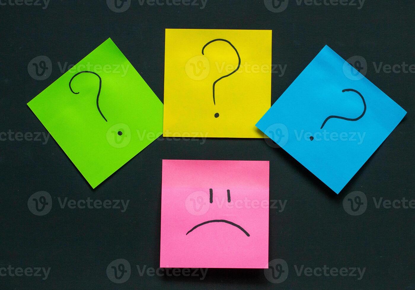 upset emoticon surrounded by question marks on a dark background, failed attempts, motivation photo