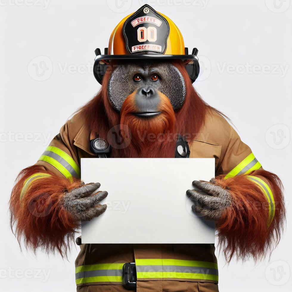 An orangutan in a job specific clothing Holding up an empty sign isolated on a clear white background photo