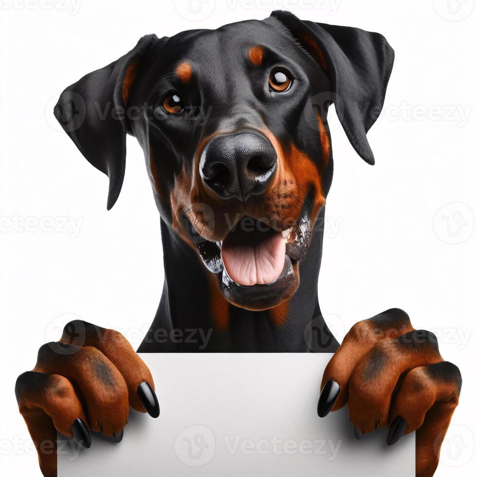 Cute realistic dog holding up a white sign on which text can be inserted, all isolated on a white background photo
