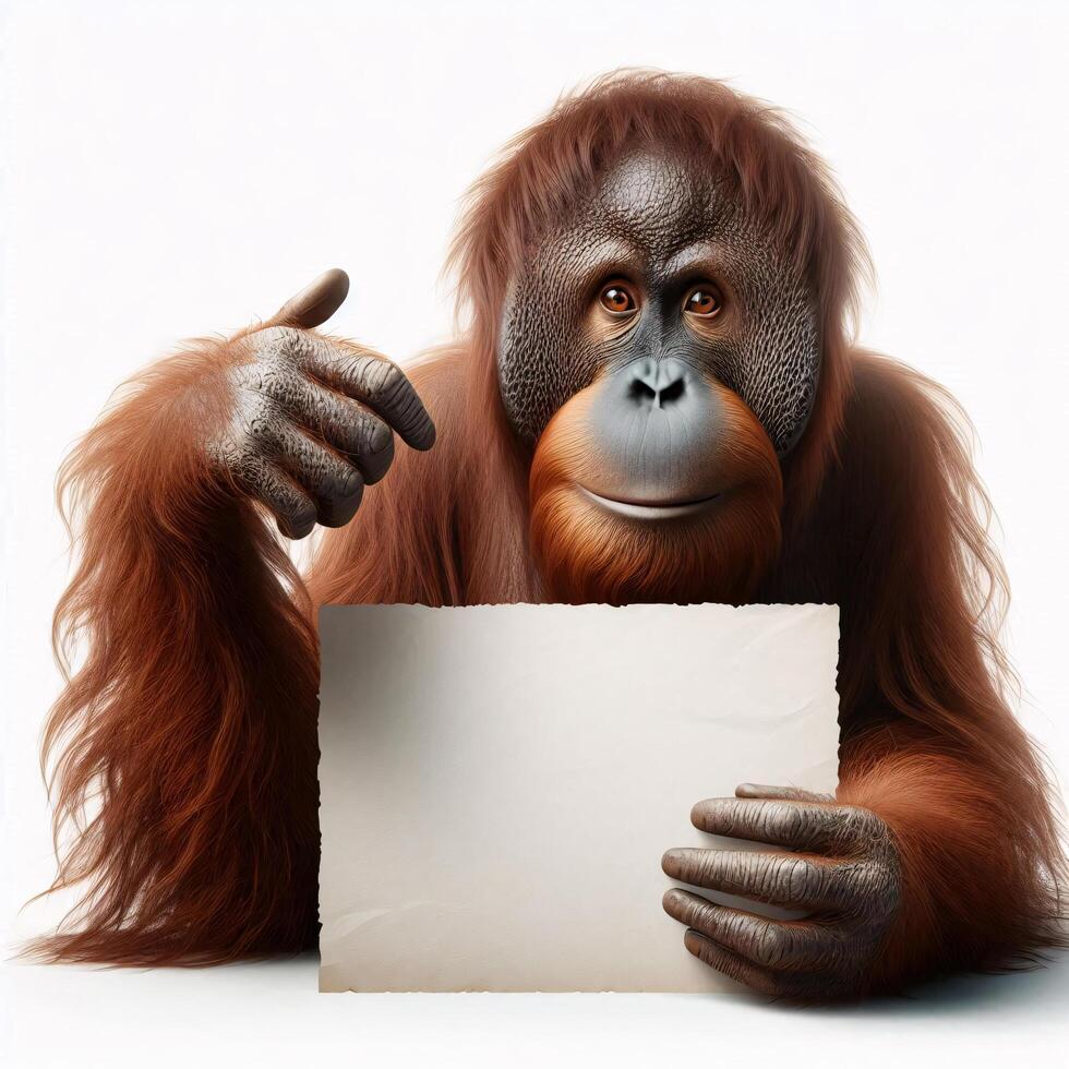 An orangutan in a job specific clothing Holding up an empty sign isolated on a clear white background photo