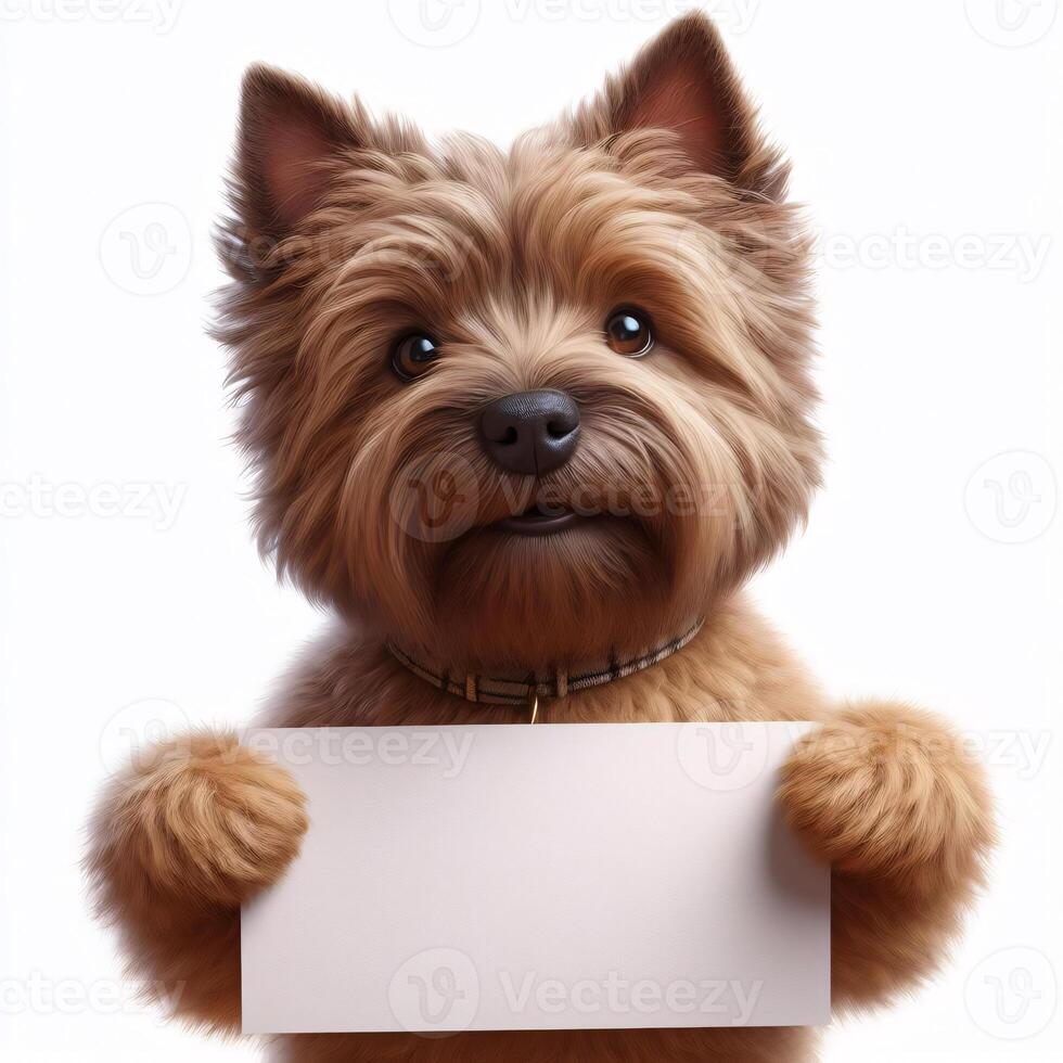 Cute realistic dog holding up a white sign on which text can be inserted, all isolated on a white background photo