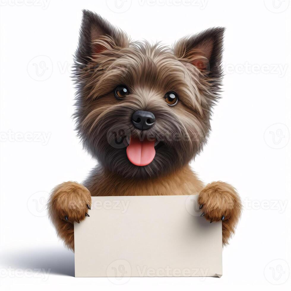 Cute realistic dog holding up a white sign on which text can be inserted, all isolated on a white background photo