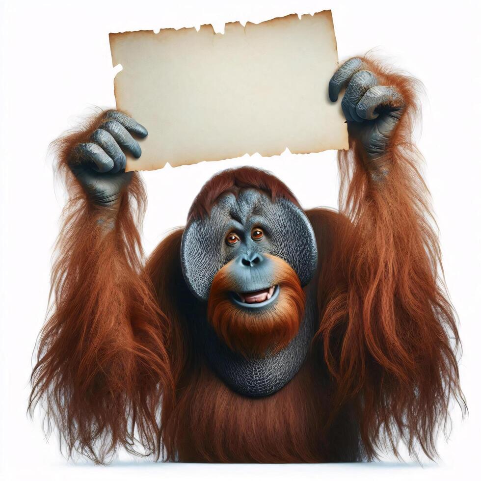 An orangutan in a job specific clothing Holding up an empty sign isolated on a clear white background photo