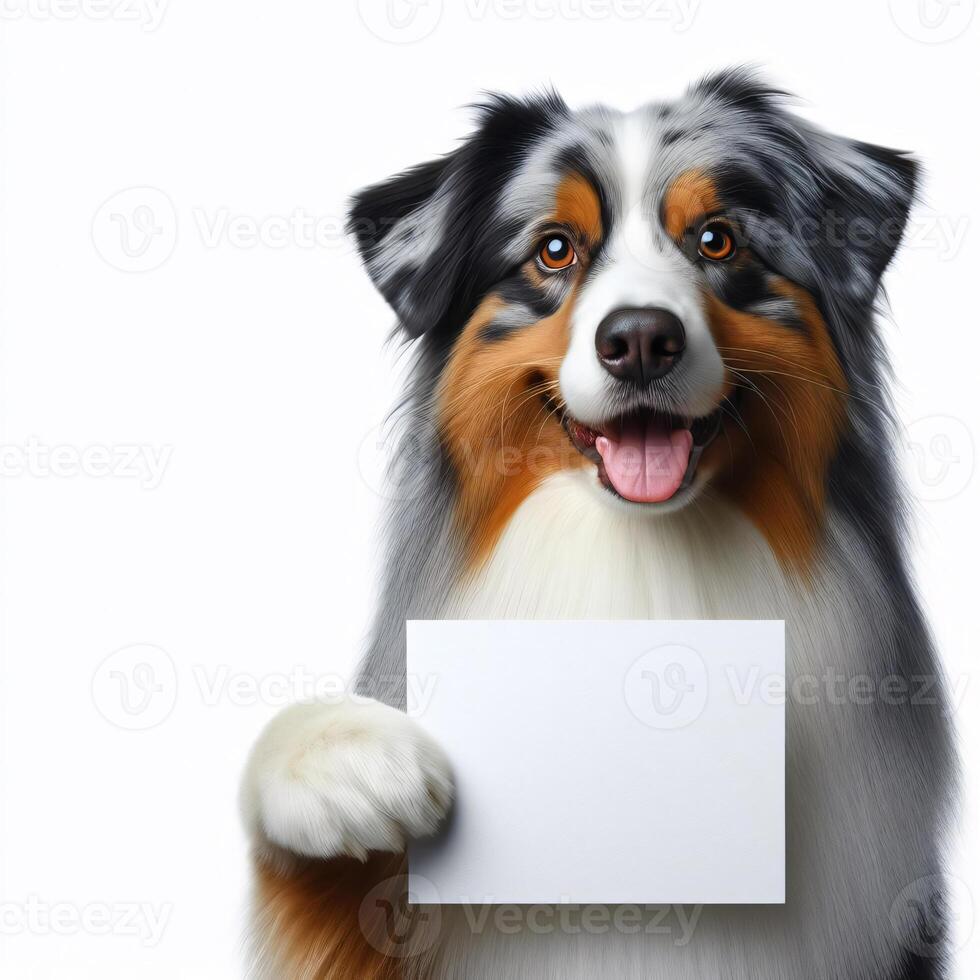 Cute realistic dog holding up a white sign on which text can be inserted, all isolated on a white background photo