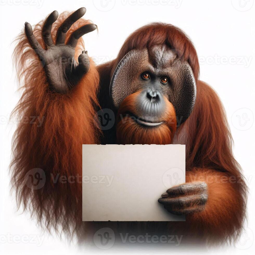 An orangutan in a job specific clothing Holding up an empty sign isolated on a clear white background photo