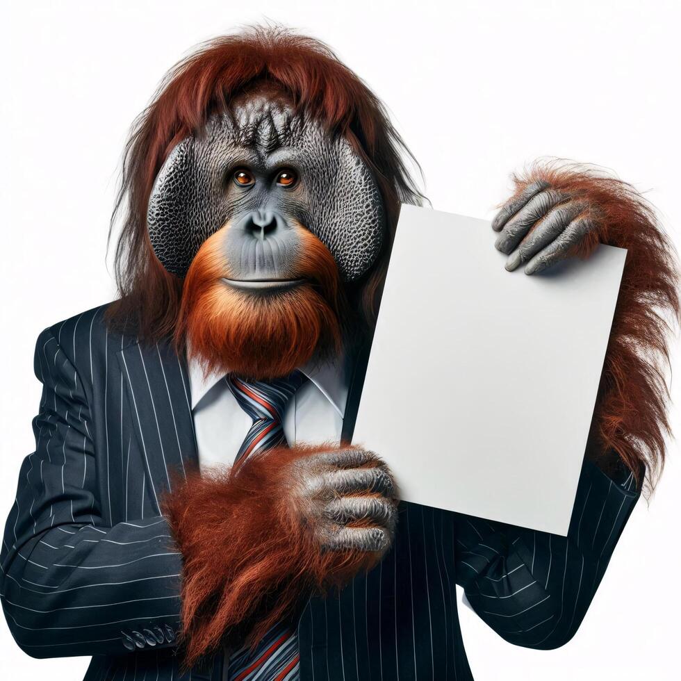 An orangutan in a job specific clothing Holding up an empty sign isolated on a clear white background photo