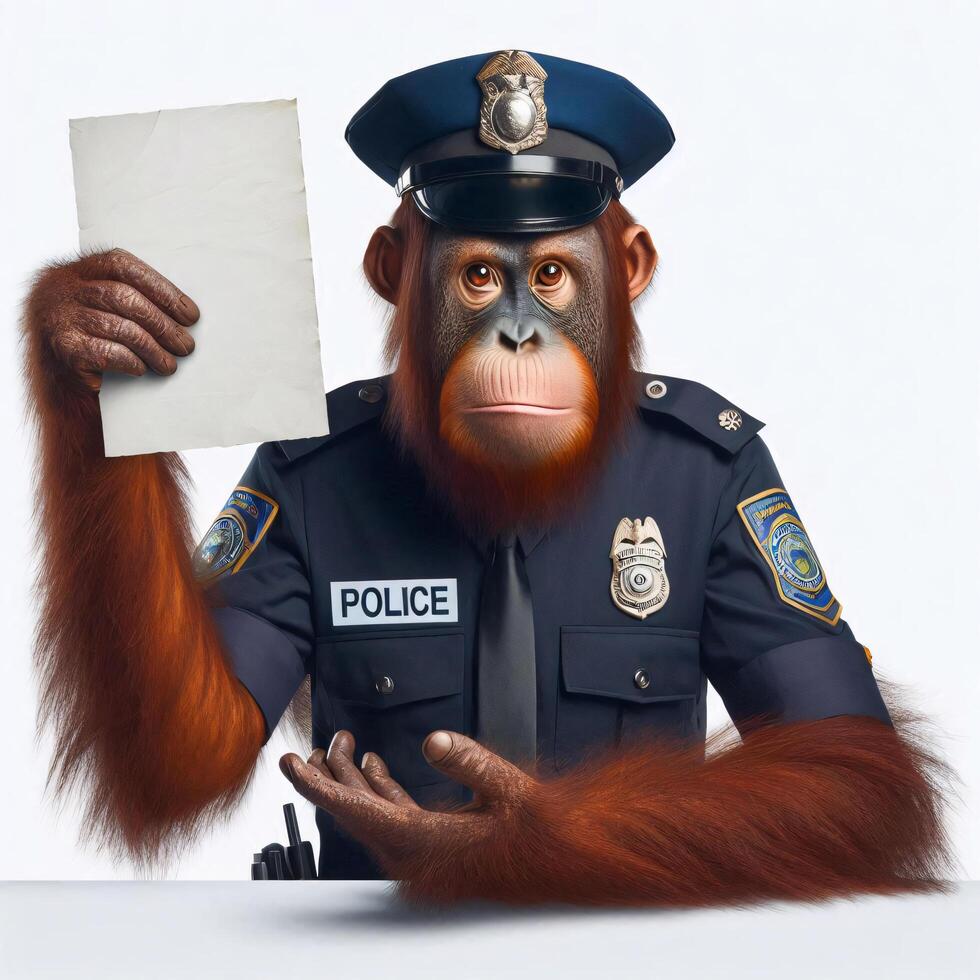 An orangutan in a job specific clothing Holding up an empty sign isolated on a clear white background photo