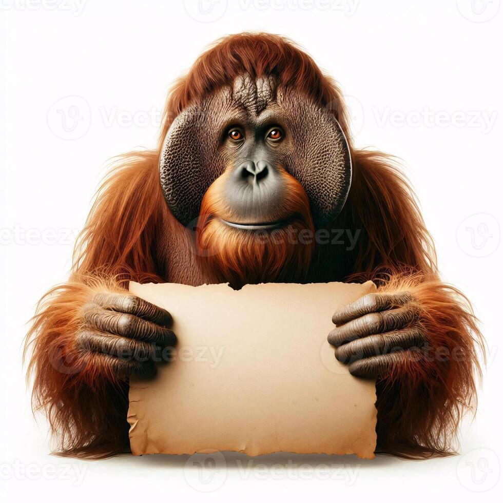 An orangutan in a job specific clothing Holding up an empty sign isolated on a clear white background photo