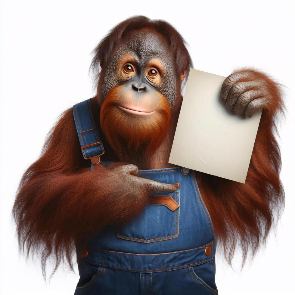 An orangutan in a job specific clothing Holding up an empty sign isolated on a clear white background photo