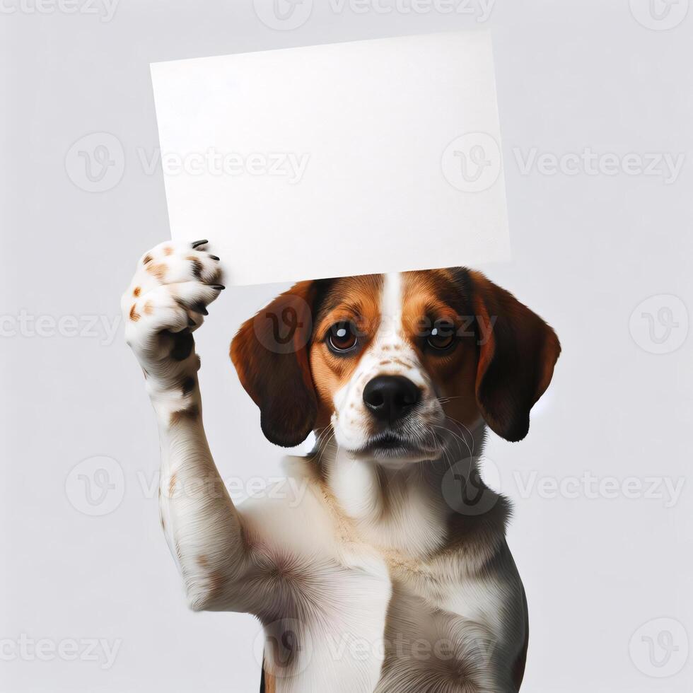 Cute realistic dog holding up a white sign on which text can be inserted, all isolated on a white background photo