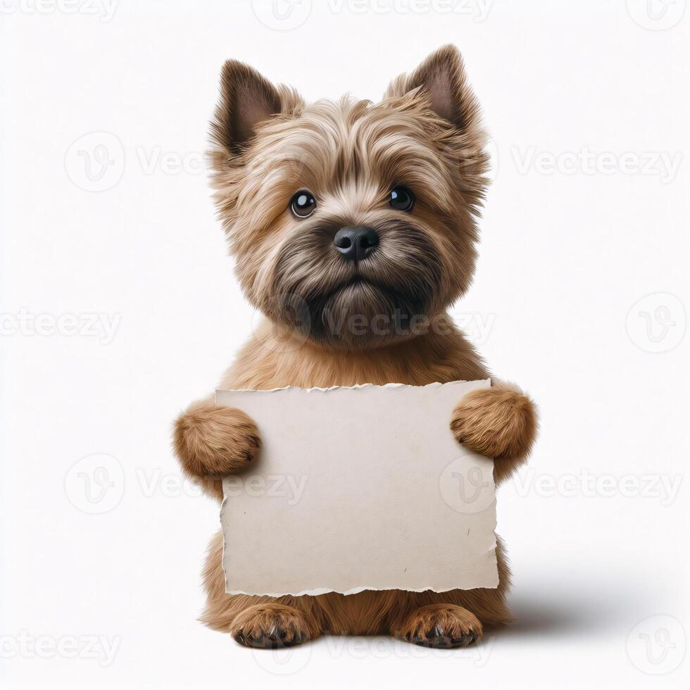 Cute realistic dog holding up a white sign on which text can be inserted, all isolated on a white background photo