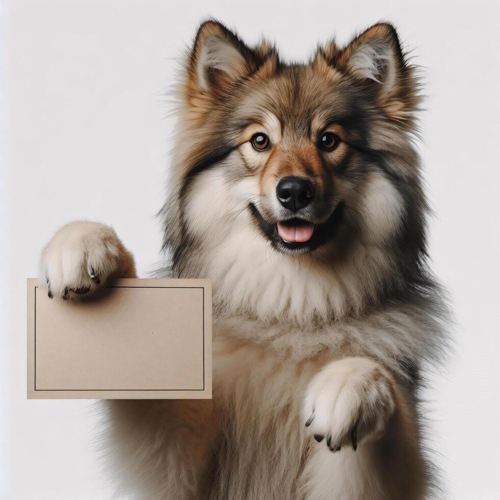 Cute realistic dog holding up a white sign on which text can be inserted, all isolated on a white background photo