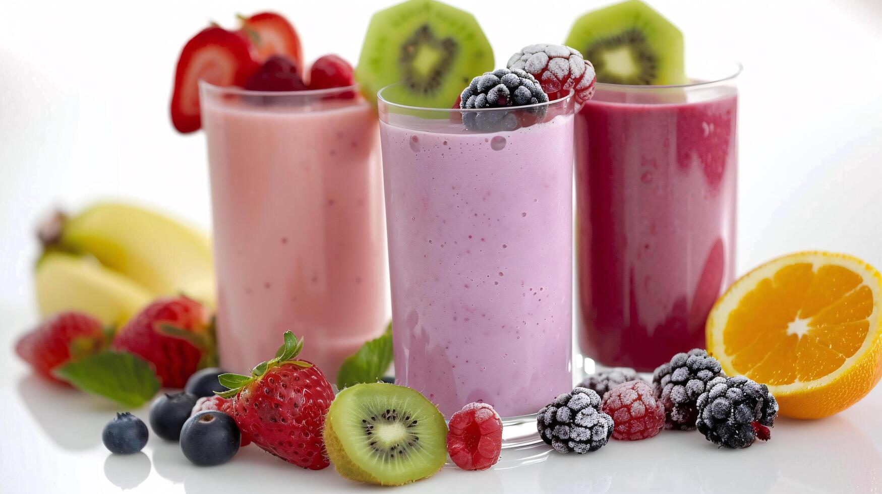 a glass of vivid colorful fruit smoothie against a solid color background photo