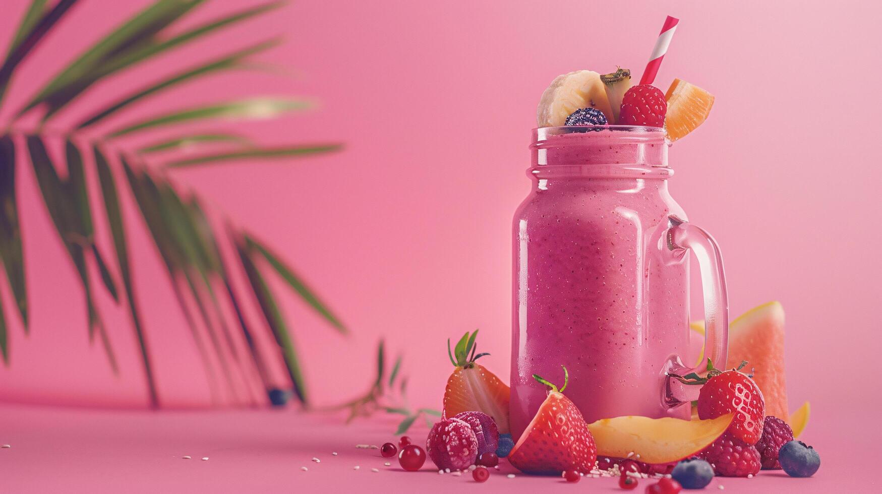a glass of vivid colorful fruit smoothie against a solid color background photo