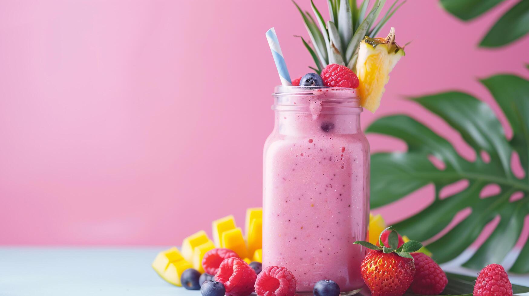 a glass of vivid colorful fruit smoothie against a solid color background photo